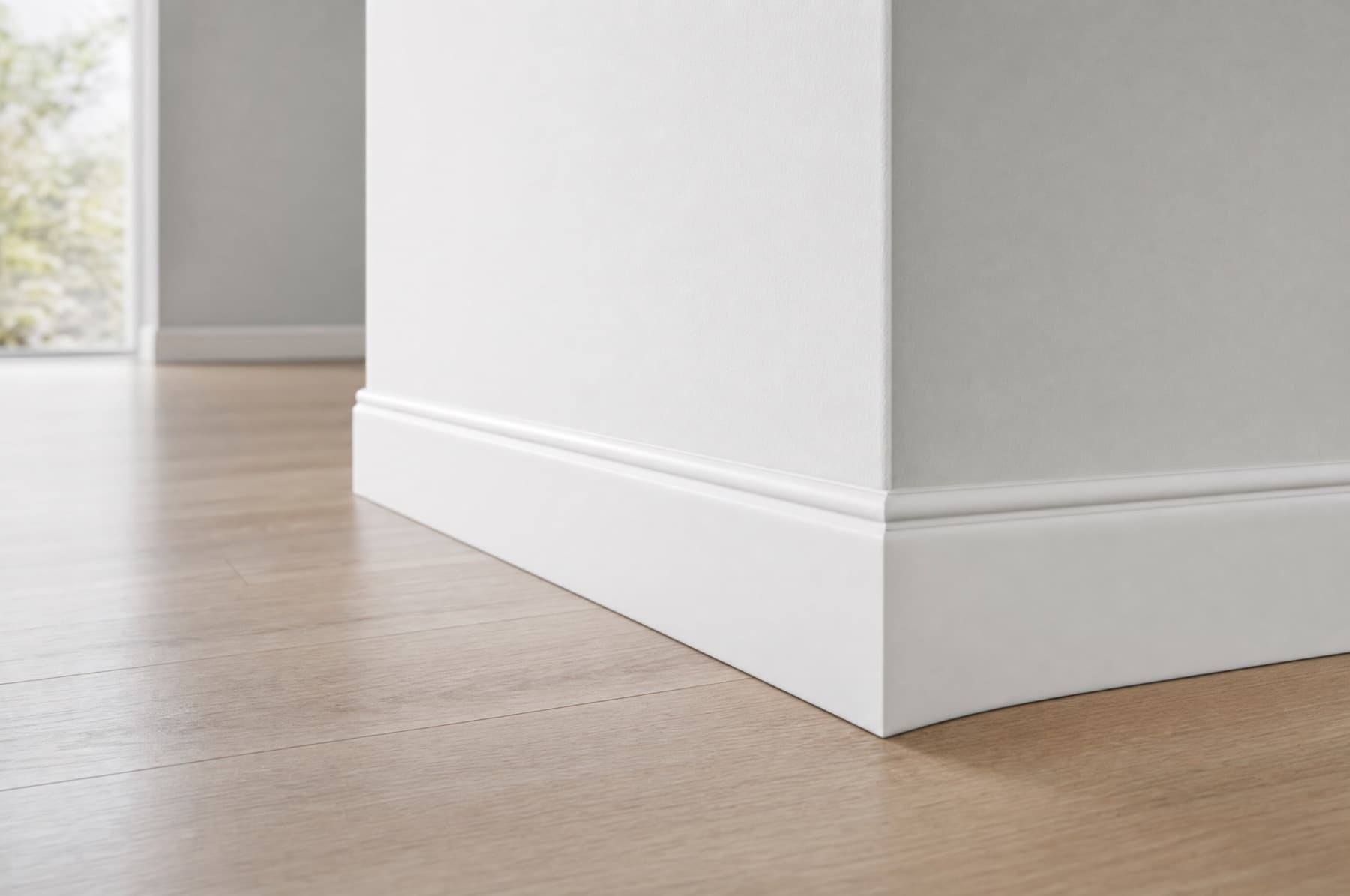 A clean white baseboard against a freshly mopped floor