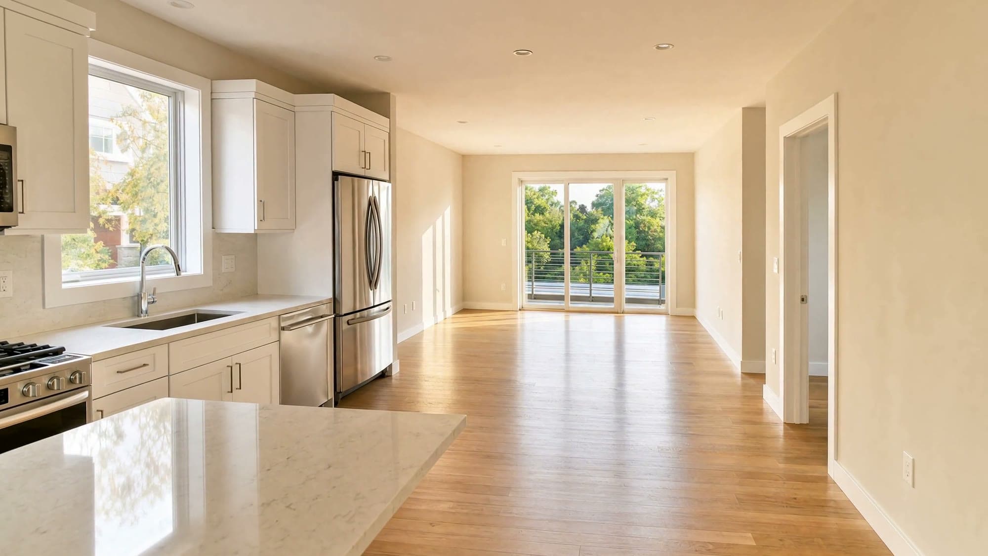 A freshly cleaned, empty apartment: a white kitchen and quartz island opening onto a sunlit living room with oak floors and a balcony door