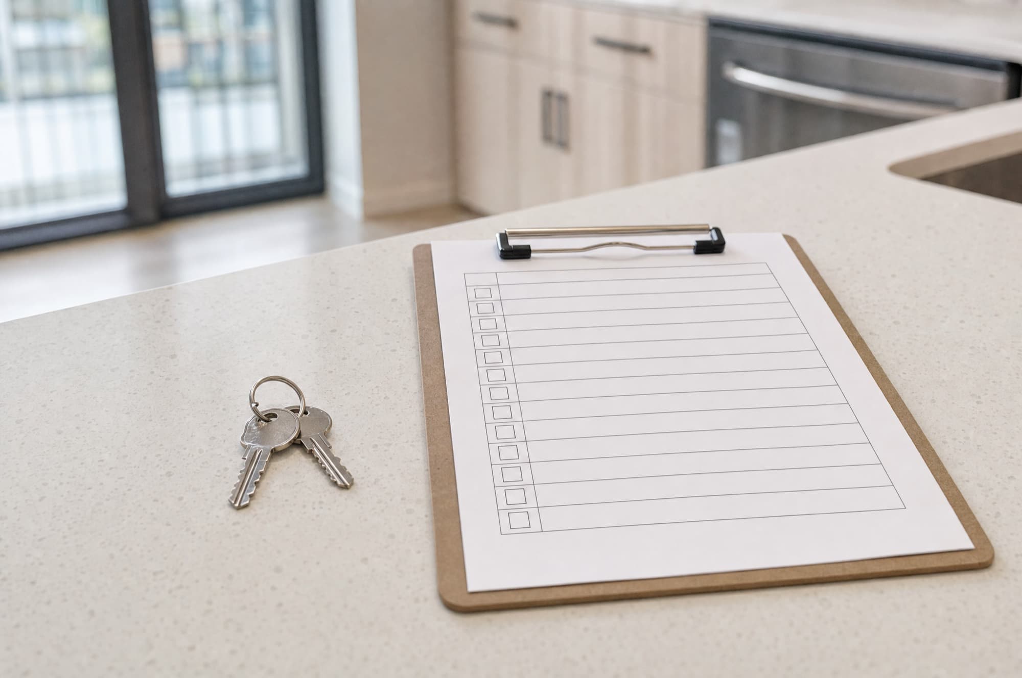 Apartment keys resting beside a blank inspection checklist on a clean countertop