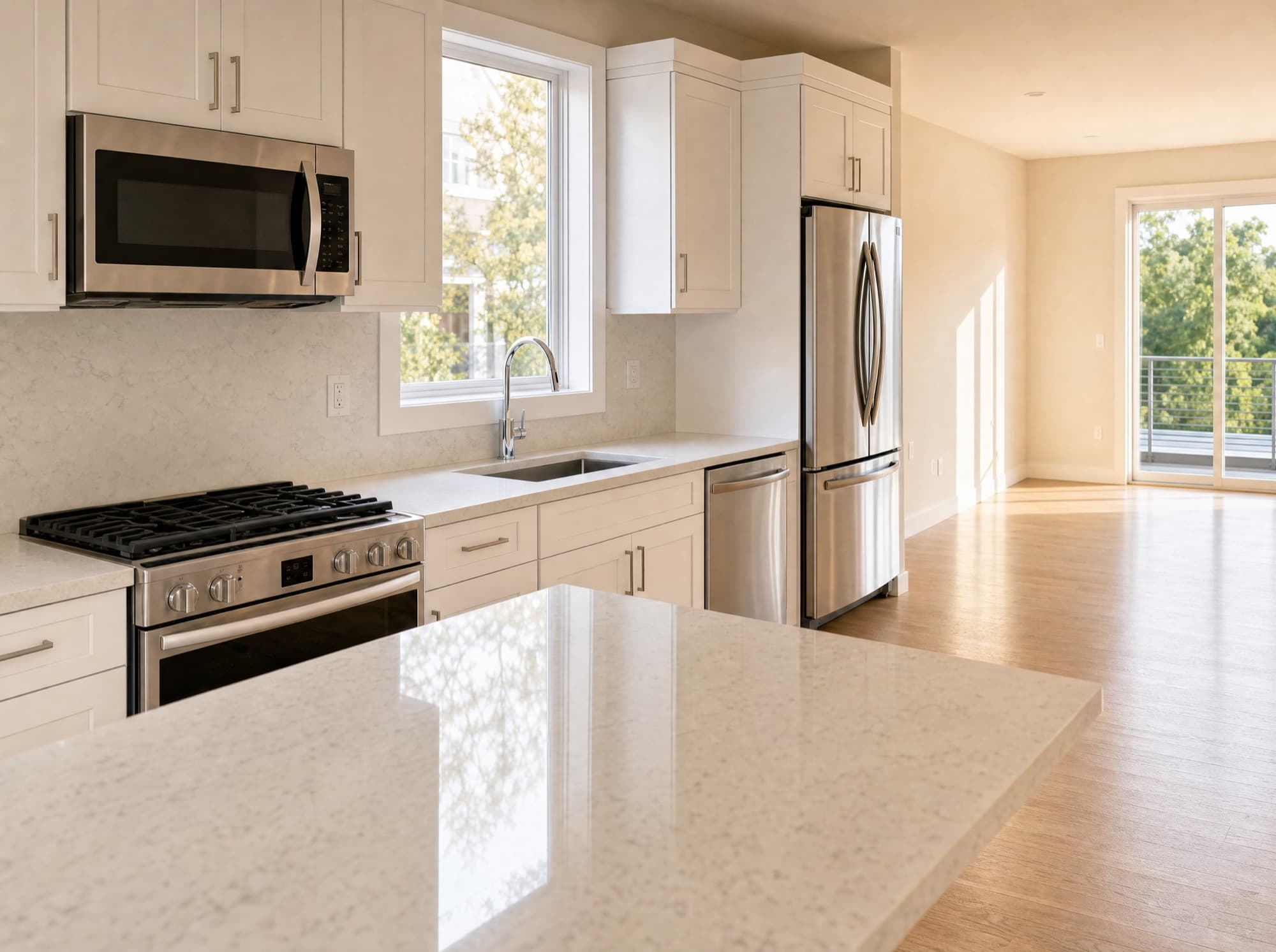 The same freshly cleaned kitchen up close: white shaker cabinets, a polished quartz island and stainless appliances in afternoon light