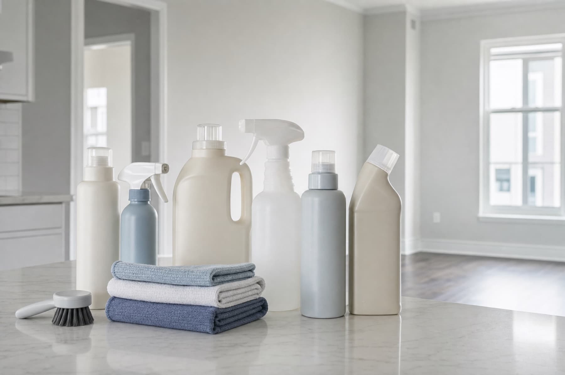 Cleaning supplies and folded cloths laid out on a wiped counter