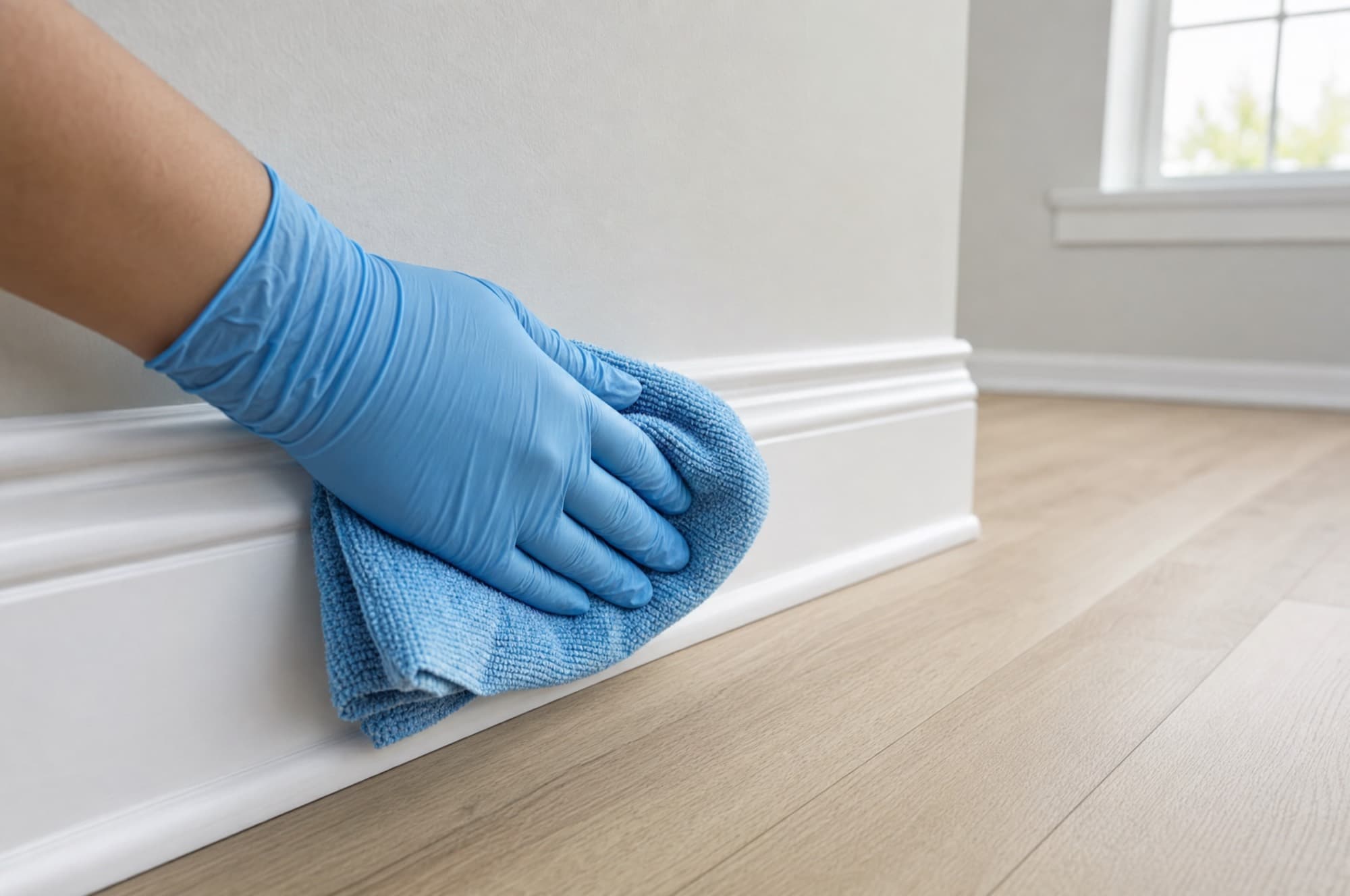 A gloved hand wiping a white baseboard with a microfiber cloth